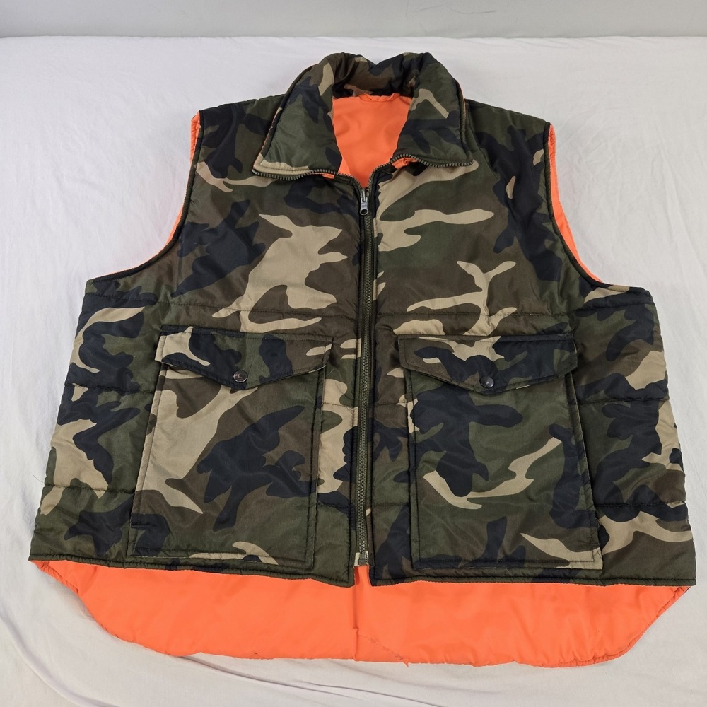 Vintage Winchester Reversible Puffer Vest Camo Mens XL Blaze Orange Hunting